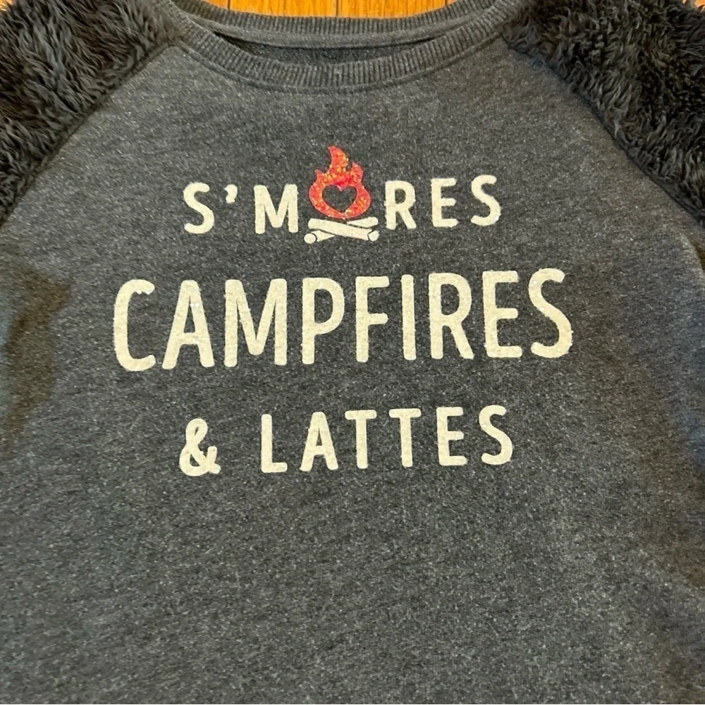 Lot of 2 Justice Sweatshirts Size 8 Gray Fuzzy Glitter S’mores Campfire Lattes